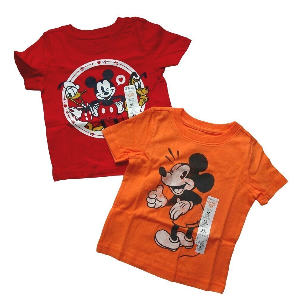 Lot of 2 Disney Mickey Mouse Tees Graphic T-Shirts Red Orange Baby Toddler 12 Mo
